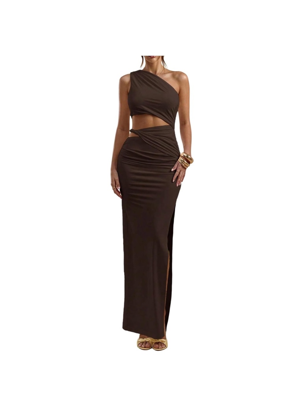 Asymmetric One-Shoulder Cutout Maxi Dress in Chocolate Brown